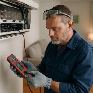 Мастер проводит диагностику и ремонт домашнего кондиционера